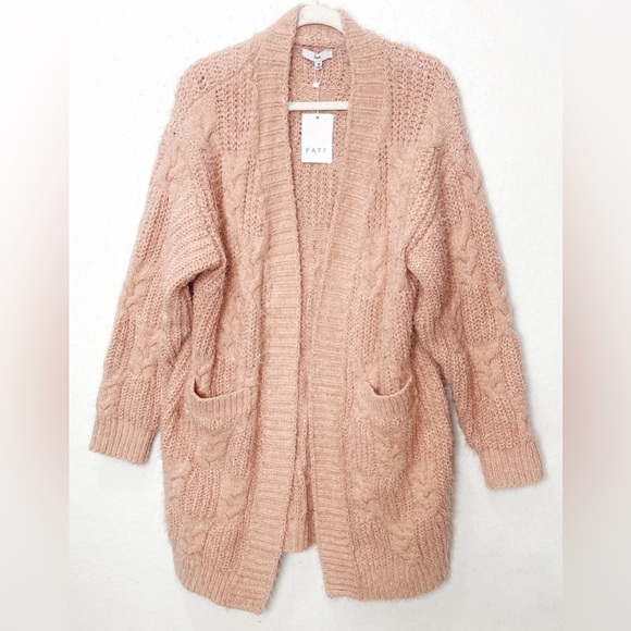 Fate Sweaters - Fate Eira Chunky Cable Knit Blush Pink Open Front Cardigan Sweater 1X Cozy Soft